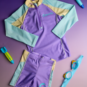 Traje de baño dos piezas (Aqualia ) tricolor: morado, aqua, amarillo
